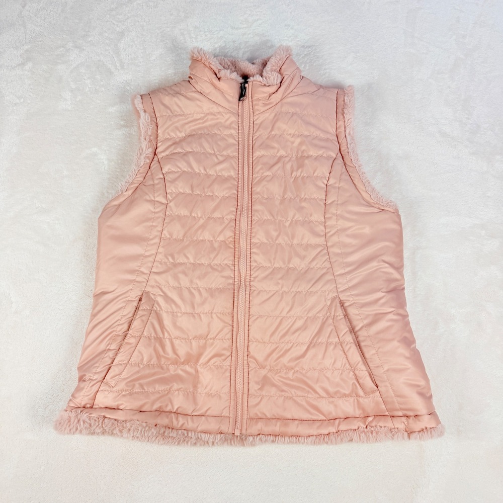 Blush Pink Quilted Puffer Vest Womens Faux Fur Lined Full Zip Apres Ski Cozy